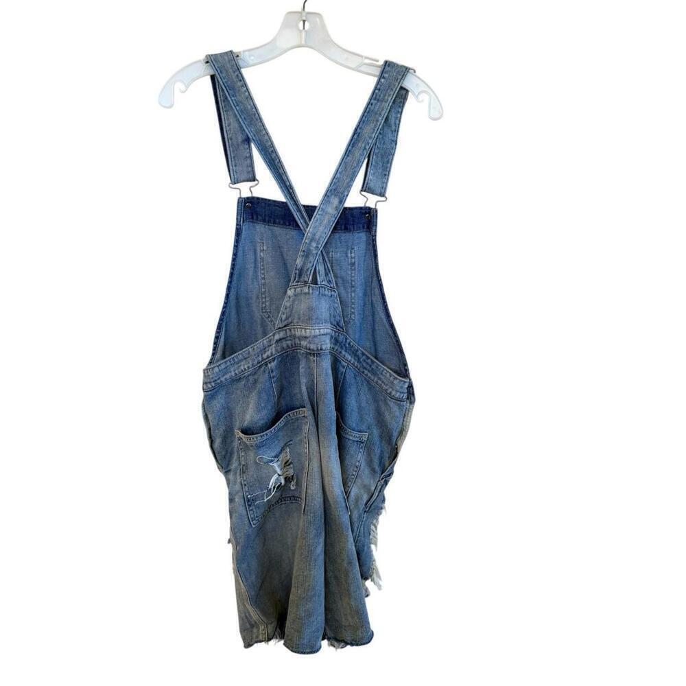 Gap Denim Shortalls Overalls Short with distressing raw hem S, Light Wash, Y2K - Picture 2 of 7